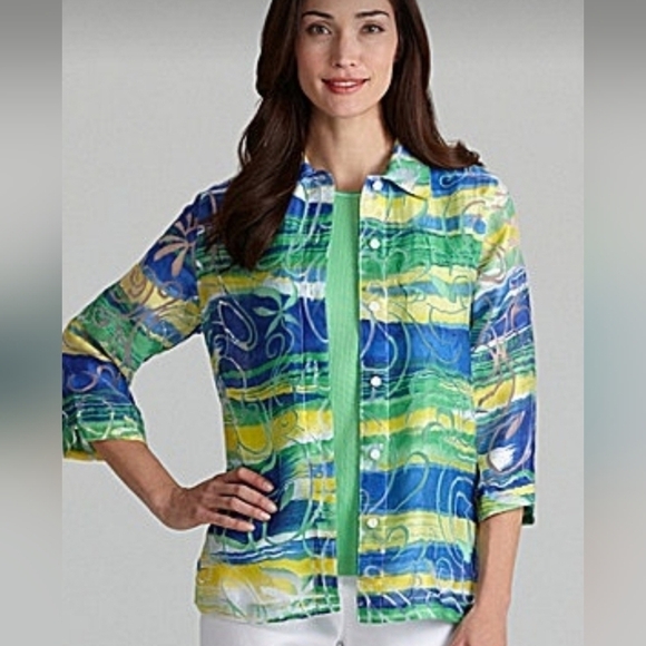 ALLISON DALEY Green Blue Burnout Tropical Floral Button Down Top Abstract 12P - Picture 1 of 7